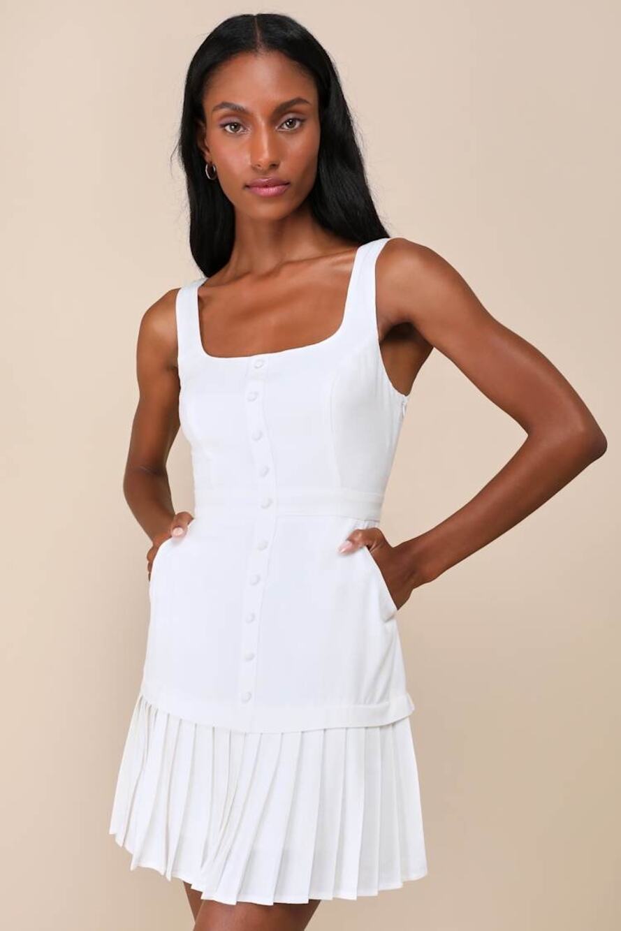 Lulus | Poised with Chic White Linen Blend Pleated Mini Dress with Pockets